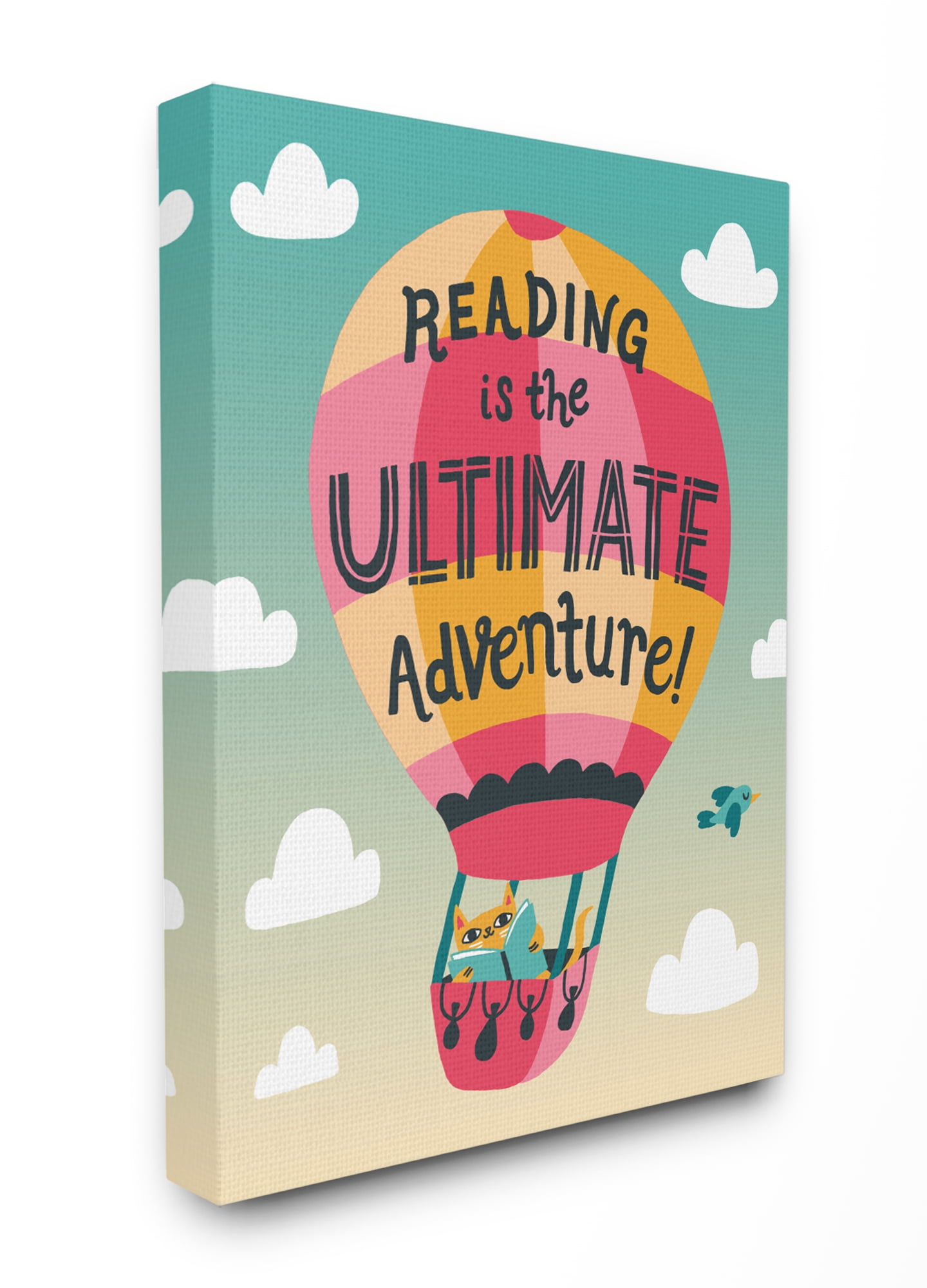 The Kids Room By Stupell Reading Adventures Cat in a Hot Air Balloon with Clouds Stretched Canvas Wall Art, 24 x 30