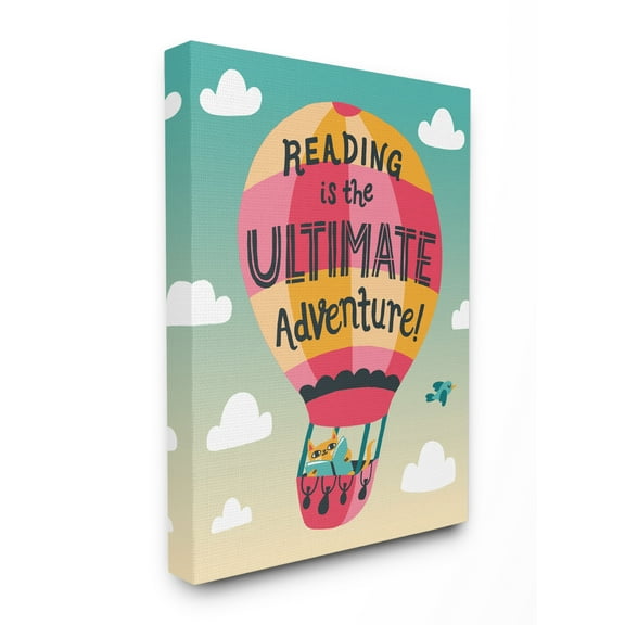 The Kids Room By Stupell Reading Adventures Cat in a Hot Air Balloon with Clouds Stretched Canvas Wall Art, 24 x 30