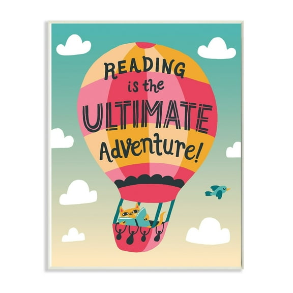 The Kids Room By Stupell Reading Adventures Cat in a Hot Air Balloon with Clouds Wall Plaque Art, 10 x 15