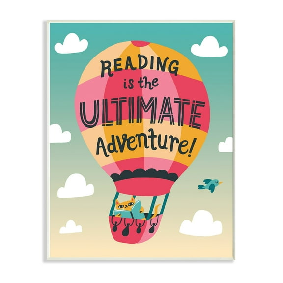 The Kids Room By Stupell Reading Adventures Cat in a Hot Air Balloon with Clouds Wall Plaque Art, 12.5 x 18.5
