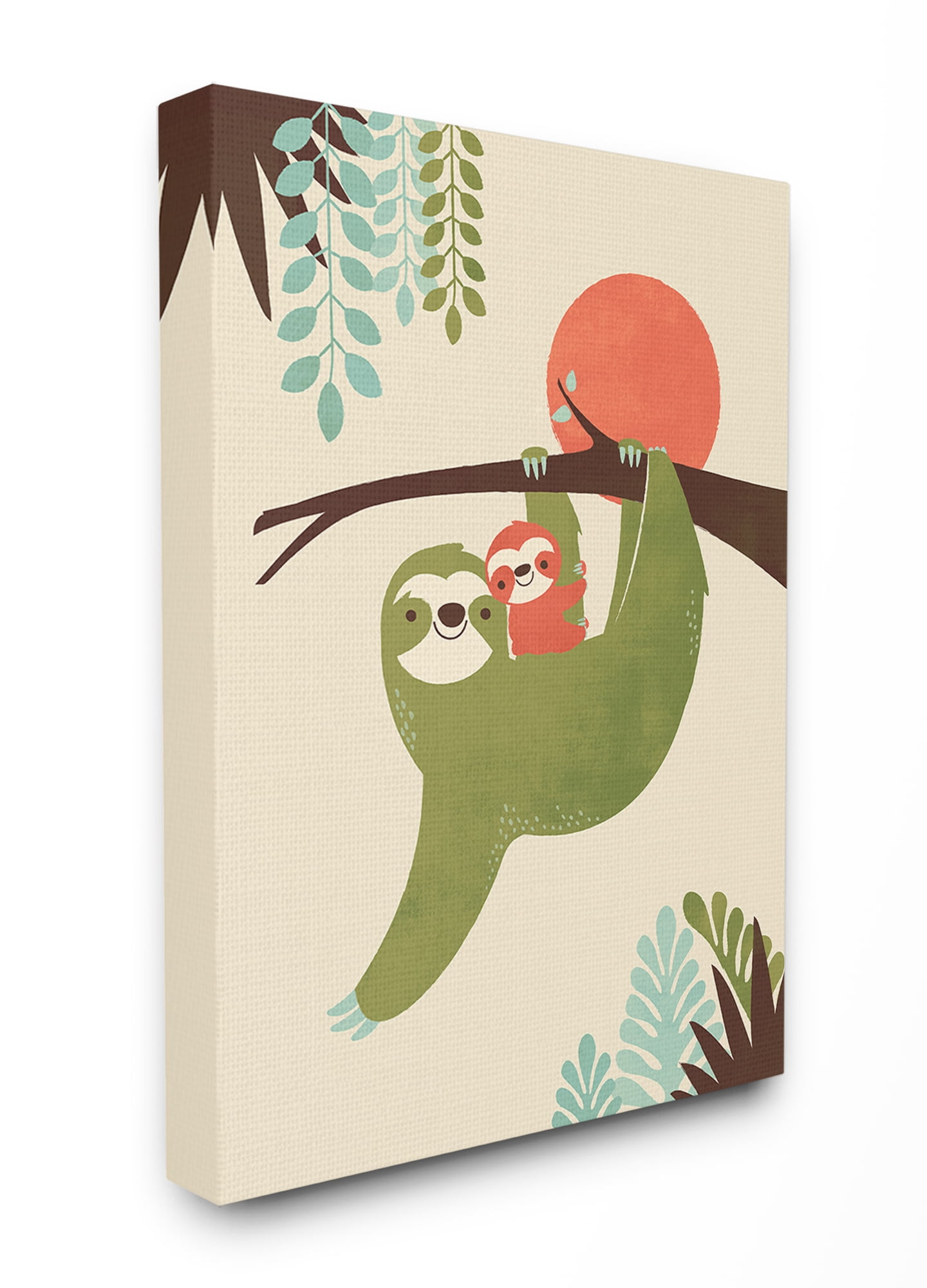 The Kids Room By Stupell Sloth Family Minimal Illustration Green Blue Brown and Red Stretched Canvas Wall Art, 16 x 20