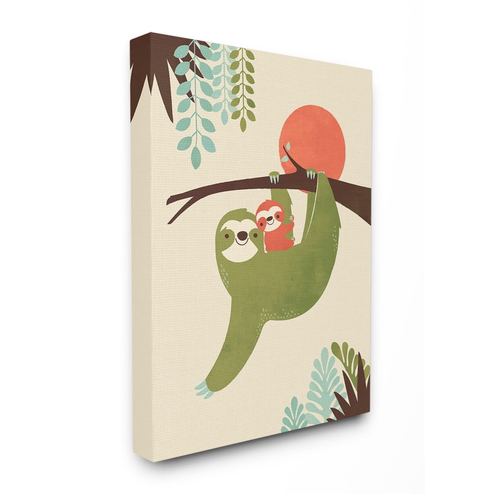 The Kids Room By Stupell Sloth Family Minimal Illustration Green Blue Brown and Red Stretched Canvas Wall Art, 24 x 30