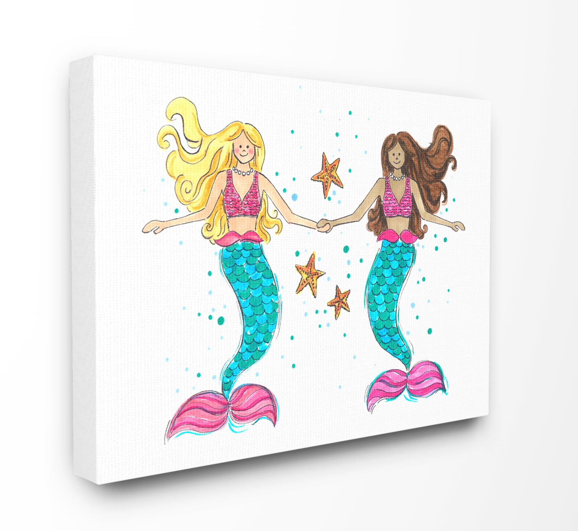 The Kids Room By Stupell Two Blue and Pink Mermaid Friends with Starfish Canvas Wall Art