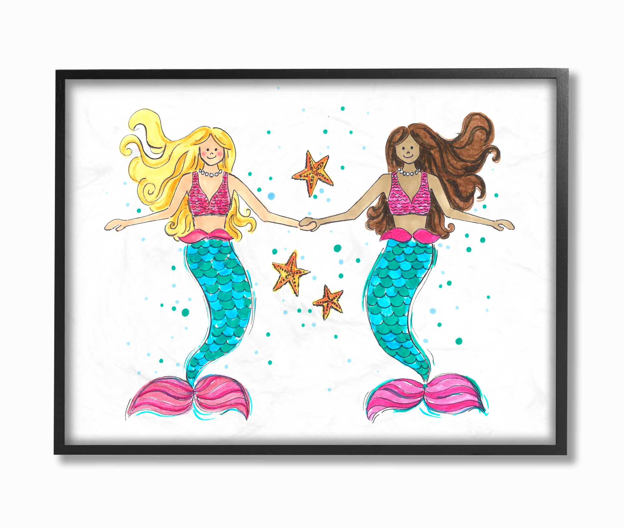 The Kids Room By Stupell Two Blue and Pink Mermaid Friends with Starfish Framed Texturized Art