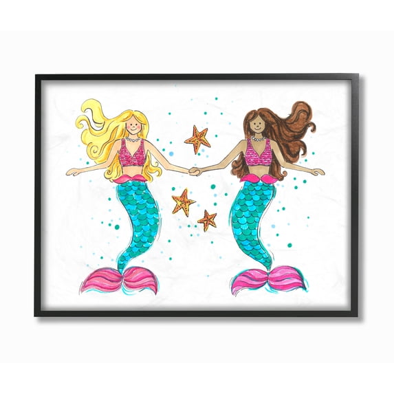 The Kids Room By Stupell Two Blue and Pink Mermaid Friends with Starfish Framed Texturized Art