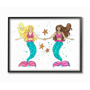 The Kids Room By Stupell Two Blue and Pink Mermaid Friends with Starfish Framed Texturized Art