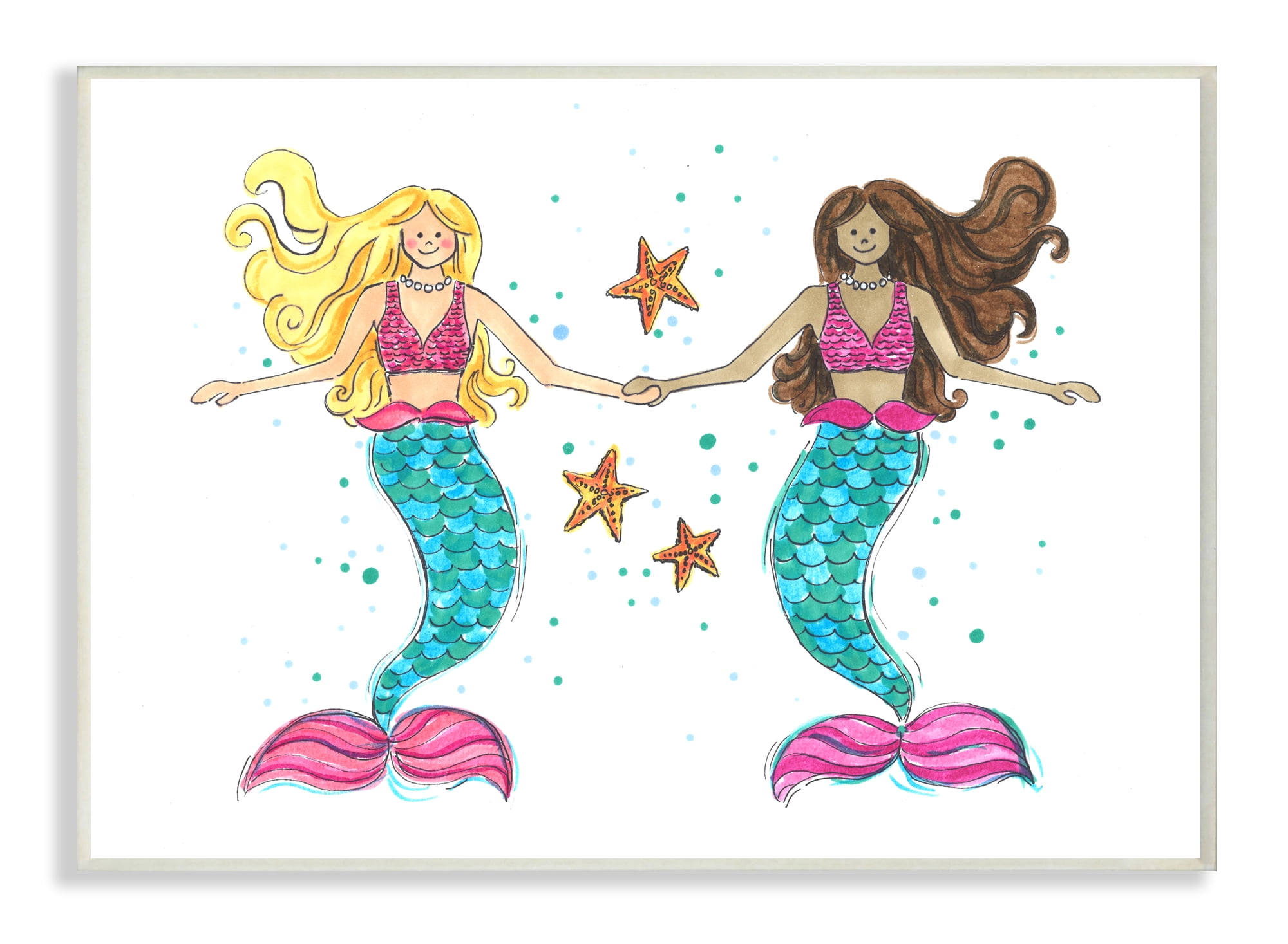 The Kids Room By Stupell Two Blue and Pink Mermaid Friends with Starfish Wall Plaque Art