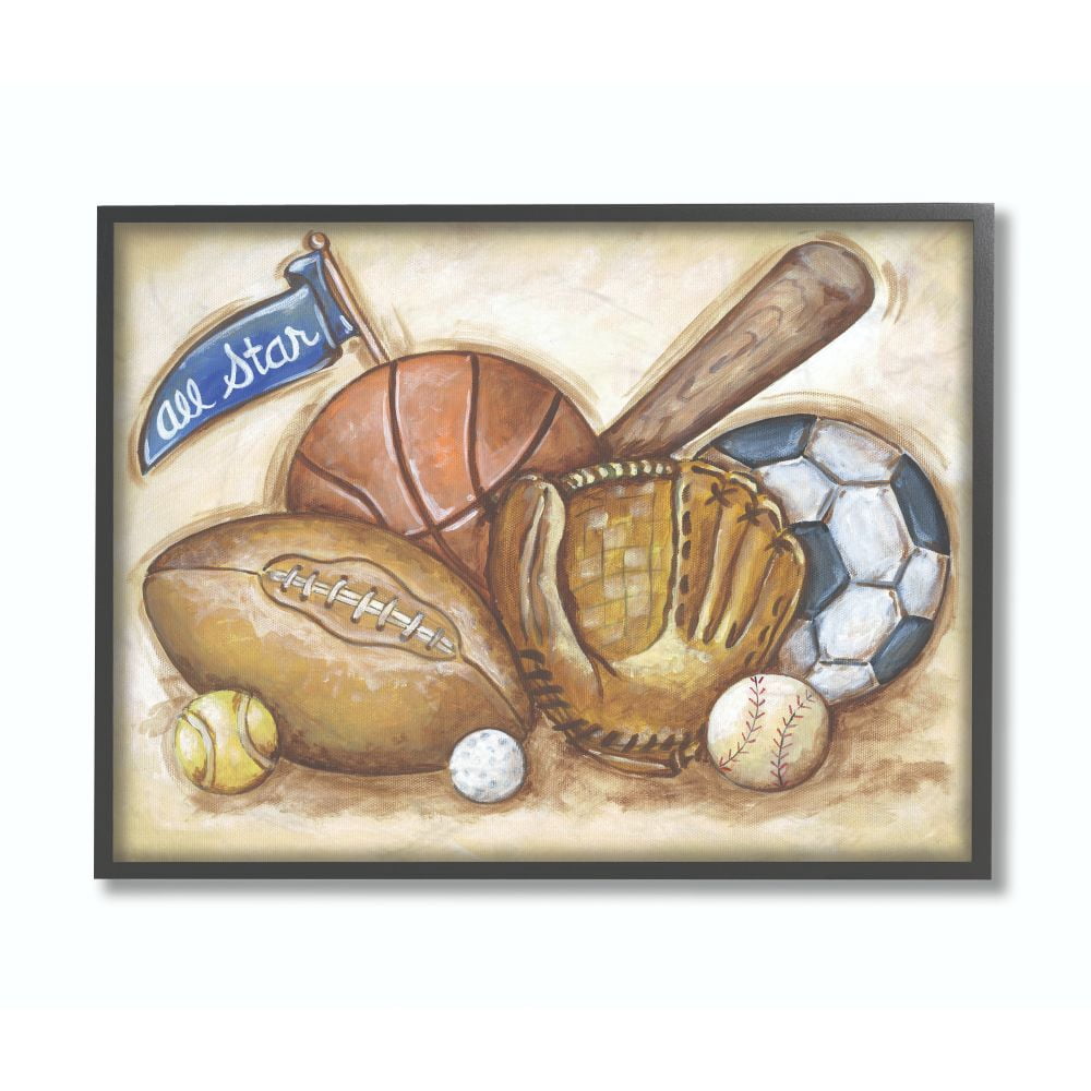 The Kids Room by Stupell All Star Multi Sport On Brown Background Framed Wall Art by Reesa Qualia