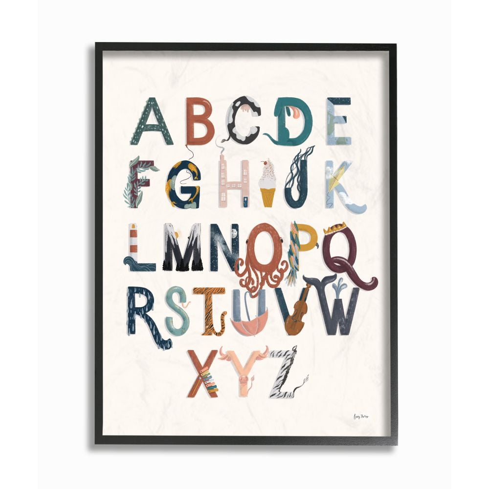 The Kids Room by Stupell Alphabet Animals Instruments Kids Nursery Design Framed Giclee Texturized Art by Becky Thorns