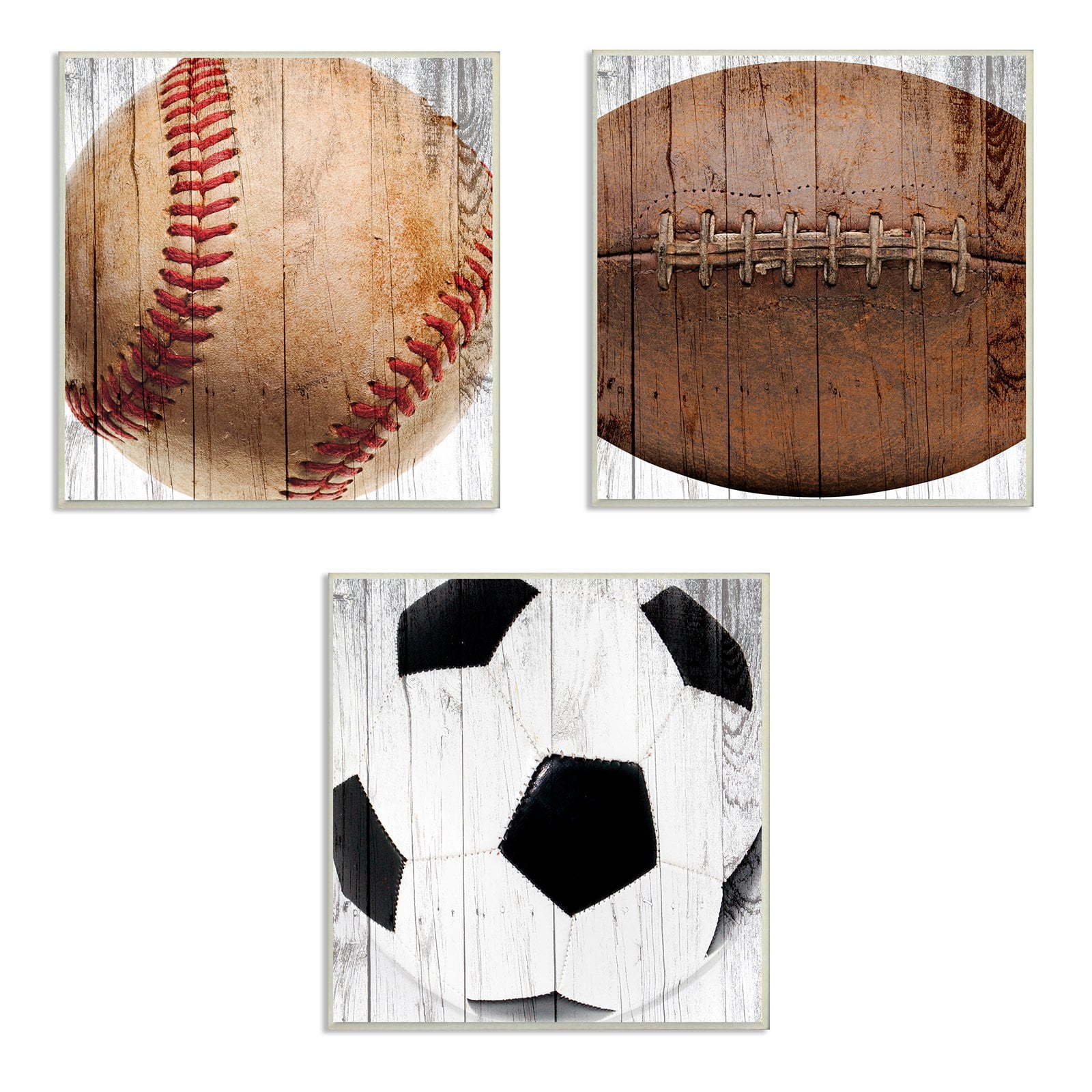 The Kids Room by Stupell Baseball Football Soccer Wood Planks 3pc Wall Plaque Art Set, 12 x 0.5 x 12