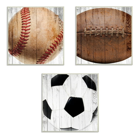 The Kids Room by Stupell Baseball Football Soccer Wood Planks 3pc Wall Plaque Art Set, 12 x 0.5 x 12