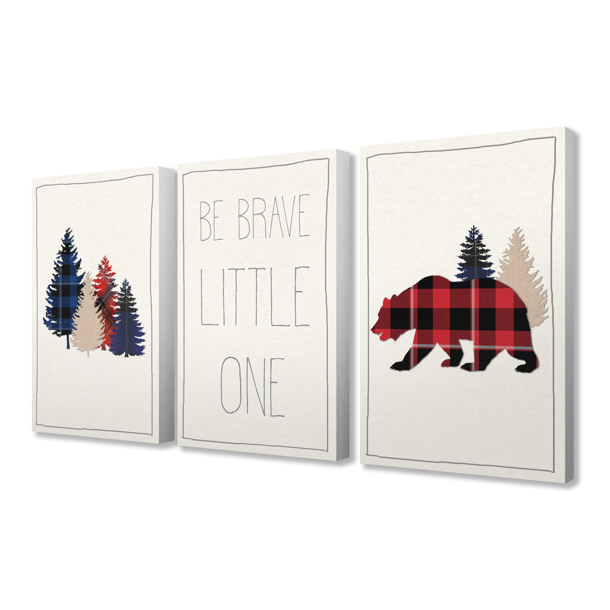 The Kids Room by Stupell Be Brave Little One Plaid Trees And Bear 3pc Stretched Canvas Art Set, 3pc, each 16 x 1.5 x 20