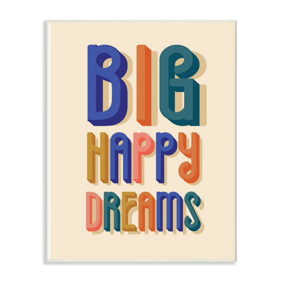 The Kids Room by Stupell Big Happy Dreams Bright Blue Teal Orange Pink and Yellow Block Lettered Typography Wall Plaque Art