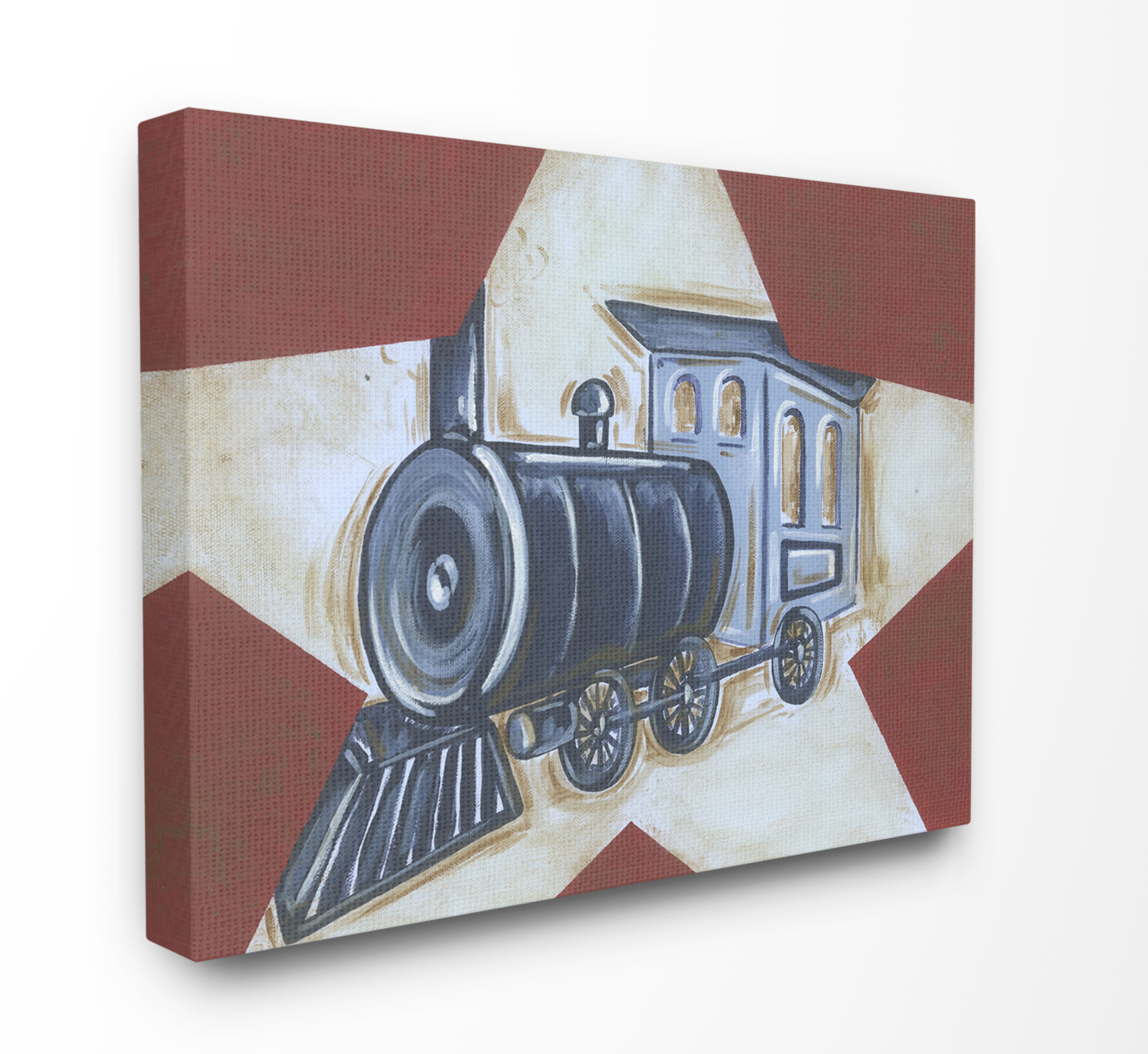 The Kids Room by Stupell Blue Train on White Star and Red Background Canvas Wall Art by Reesa Qualia