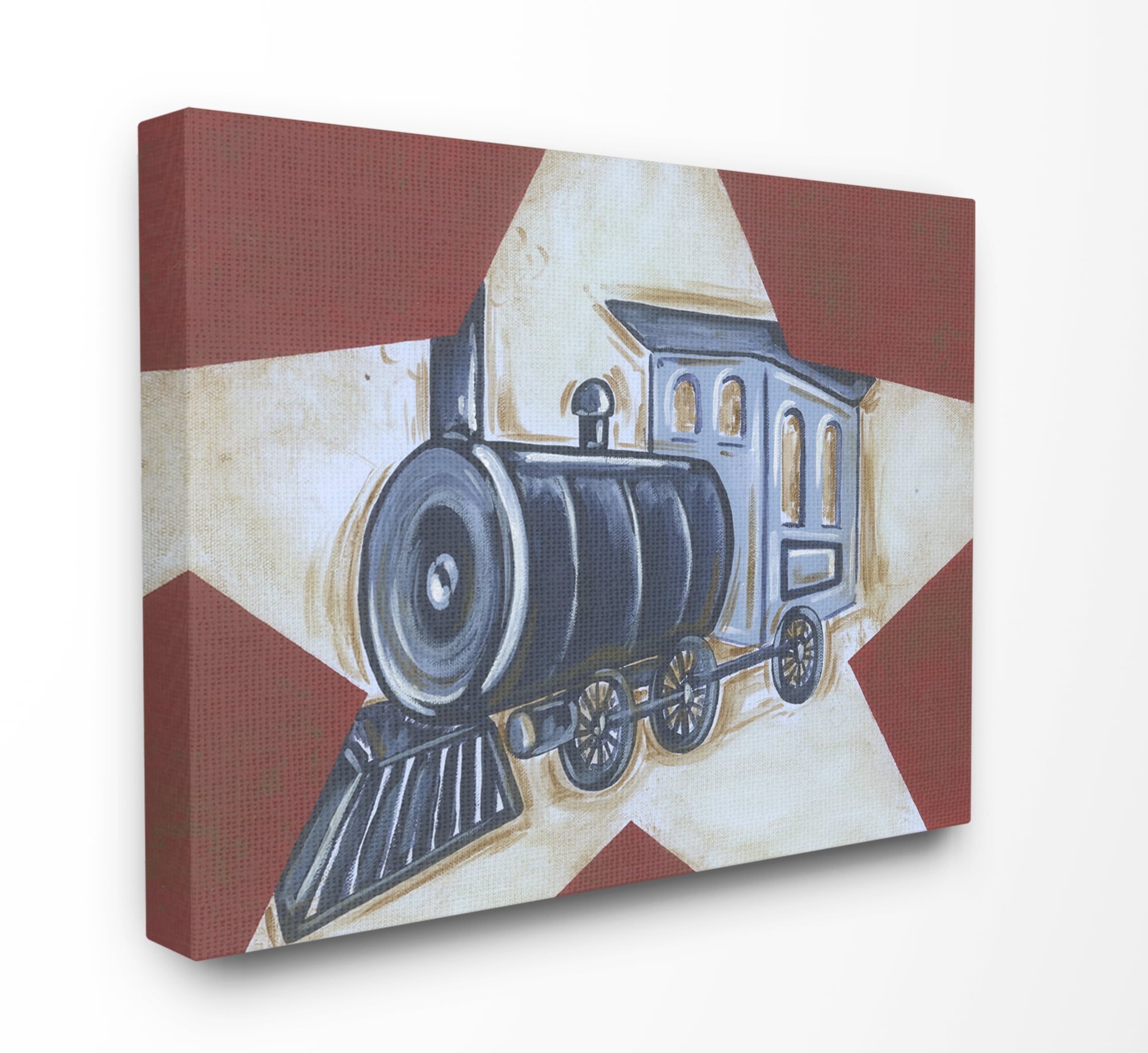 The Kids Room by Stupell Blue Train on White Star and Red Background Canvas Wall Art by Reesa Qualia