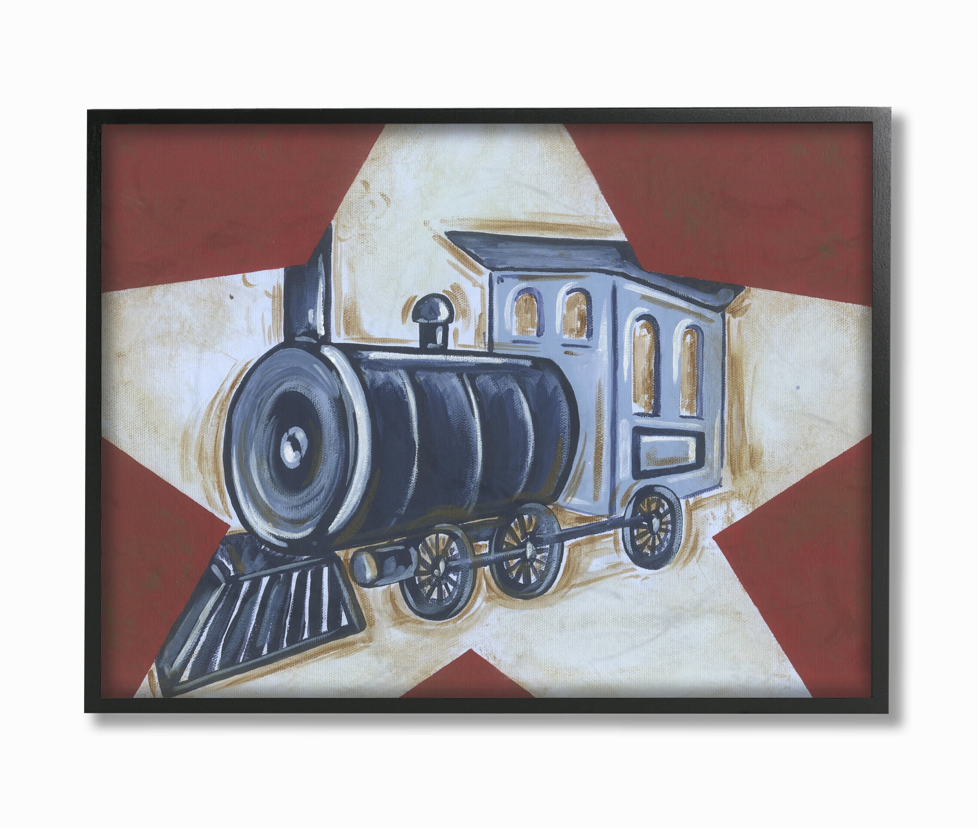 The Kids Room by Stupell Blue Train on White Star and Red Background Framed Wall Art by Reesa Qualia