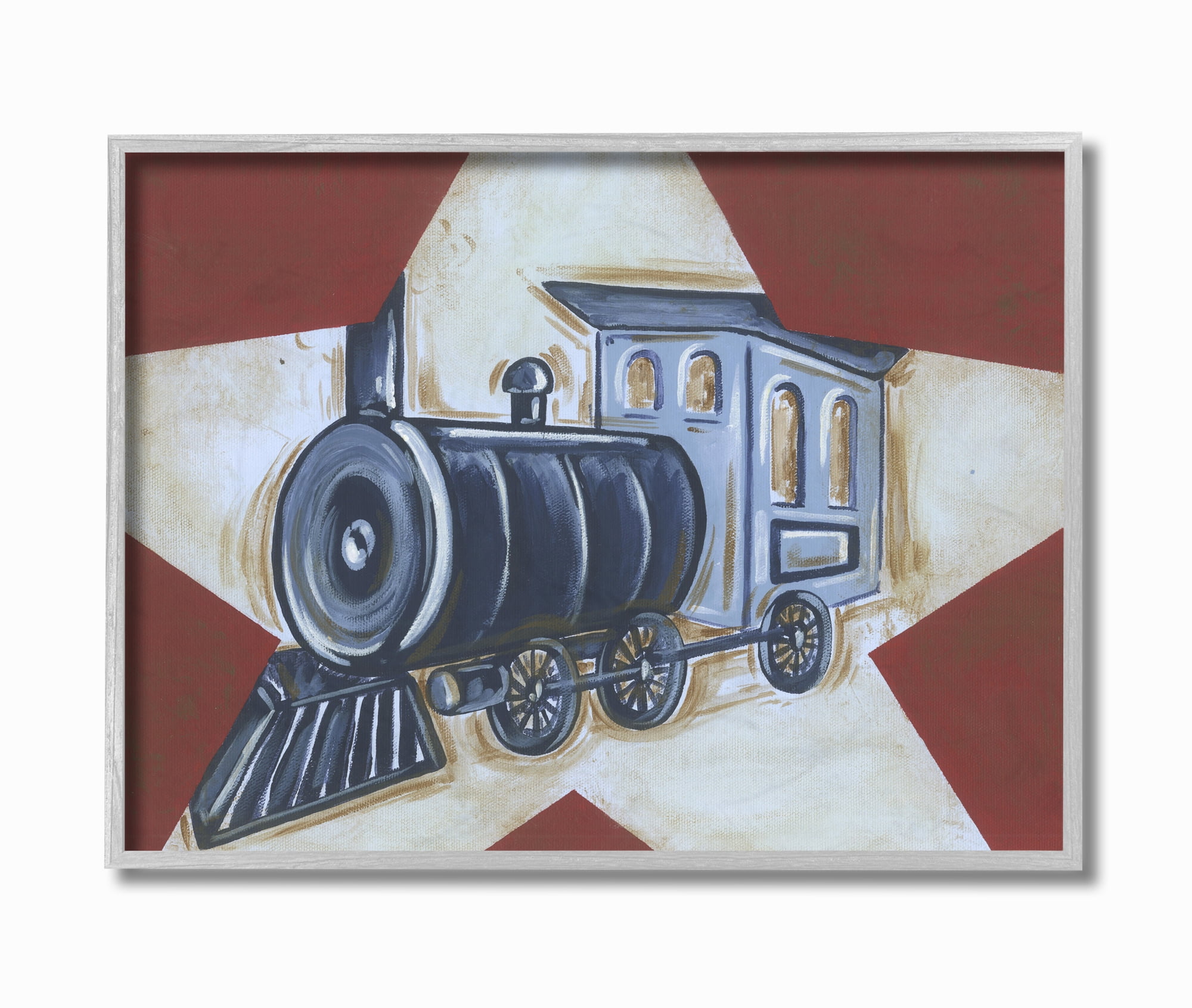 The Kids Room by Stupell Blue Train on White Star and Red Background Framed Wall Art by Reesa Qualia