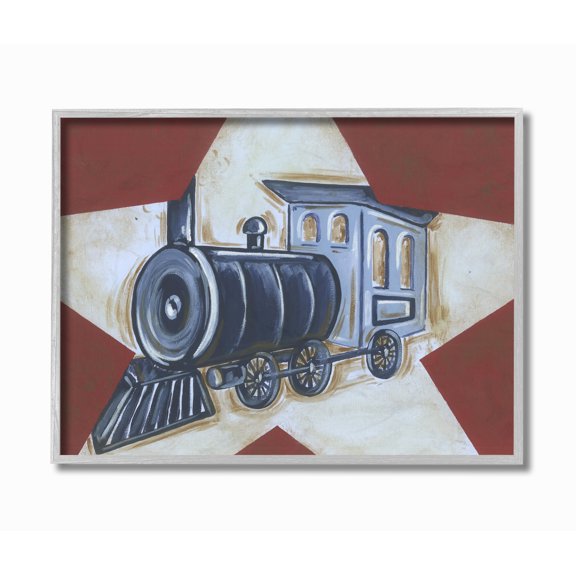 The Kids Room by Stupell Blue Train on White Star and Red Background Framed Wall Art by Reesa Qualia