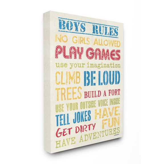 The Kids Room by Stupell Blue Yellow Red and Green Boys Rules Stretched Canvas Wall Art, 16 x 1.5 x 20
