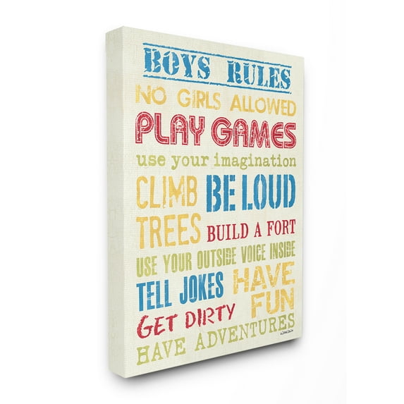 The Kids Room by Stupell Blue Yellow Red and Green Boys Rules Stretched Canvas Wall Art, 16 x 1.5 x 20