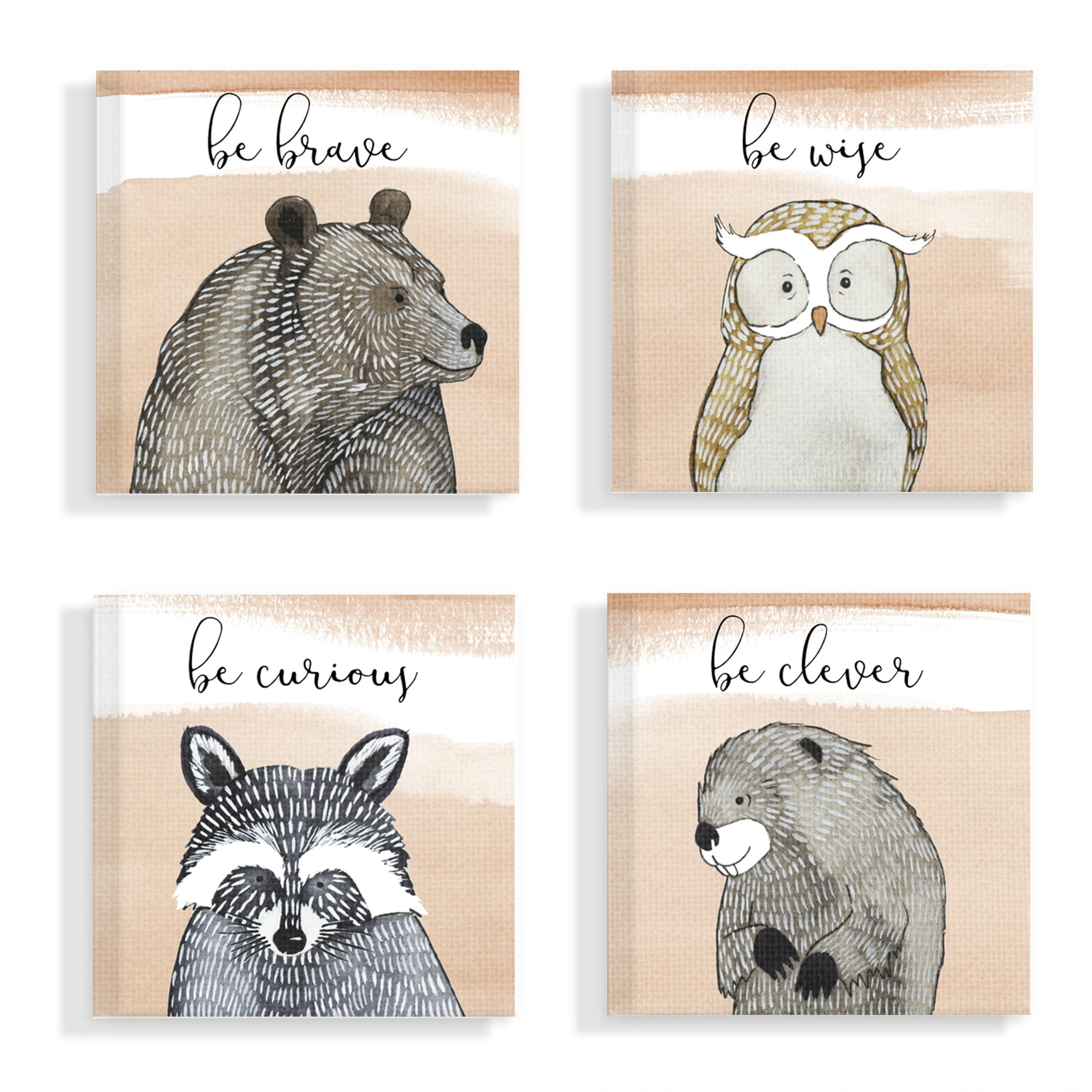 The Kids Room by Stupell Brave Wise Curious Clever Woodland Animals 4pc Stretched Canvas Art Set, 17 x 1.5 x 17
