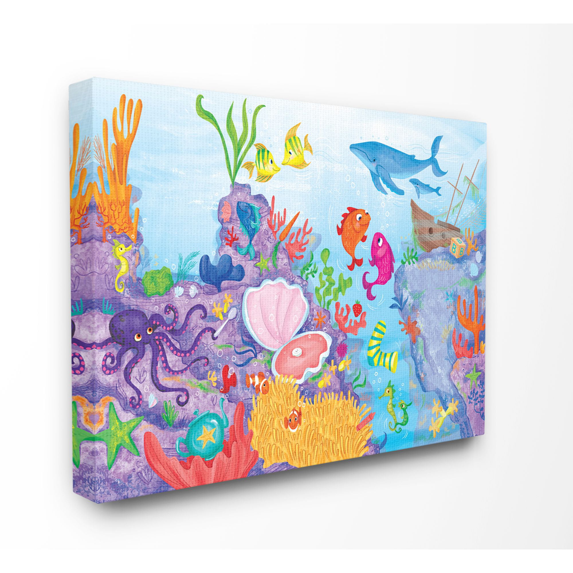 The Kids Room by Stupell Colorful Ocean Sea Life Fish Blue Purple Kids Nursery Painting Canvas Wall Art by The Saturday Evening Post, Size: 36 x 48