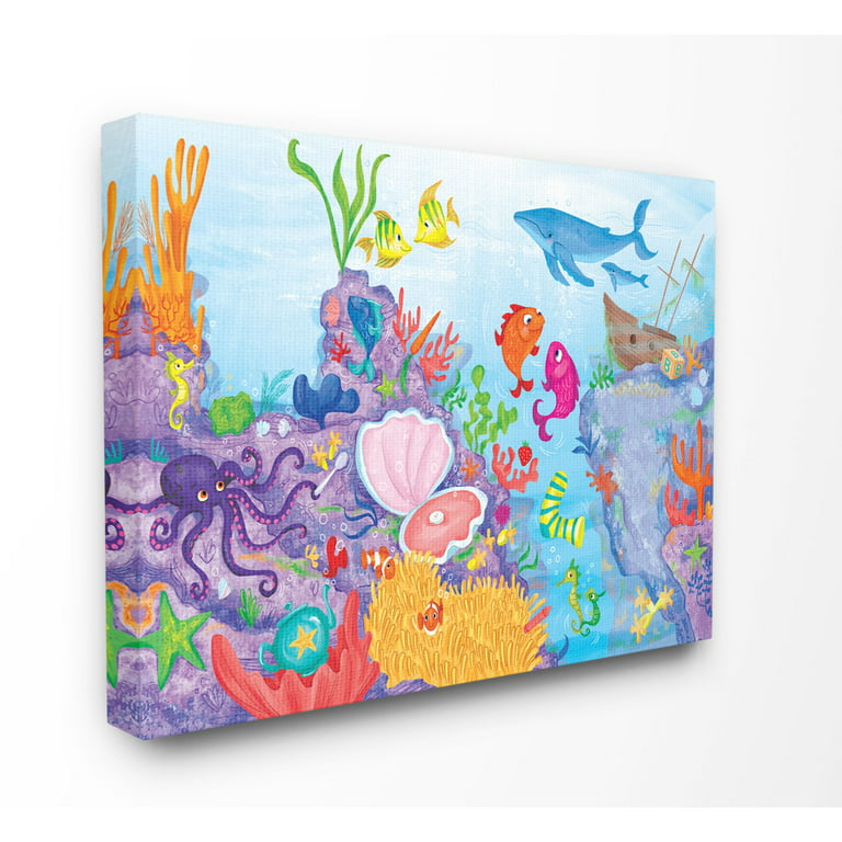 The Kids Room by Stupell Colorful Ocean Sea Life Fish Blue Purple Kids  Nursery Painting Canvas Wall Art by The Saturday Evening Post
