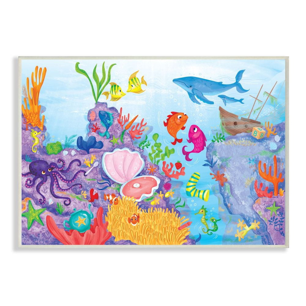 The Kids Room by Stupell Colorful Ocean Sea Life Fish Blue Purple Kids Nursery Painting Wall Plaque by The Saturday Evening Post