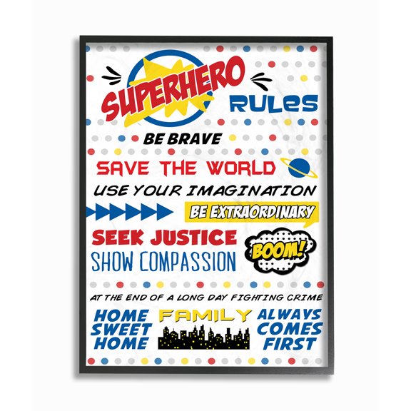 The Kids Room by Stupell Comic Book Dots Super Hero Rules Typography Framed Giclee Texturized Art, 11 x 1.5 x 14