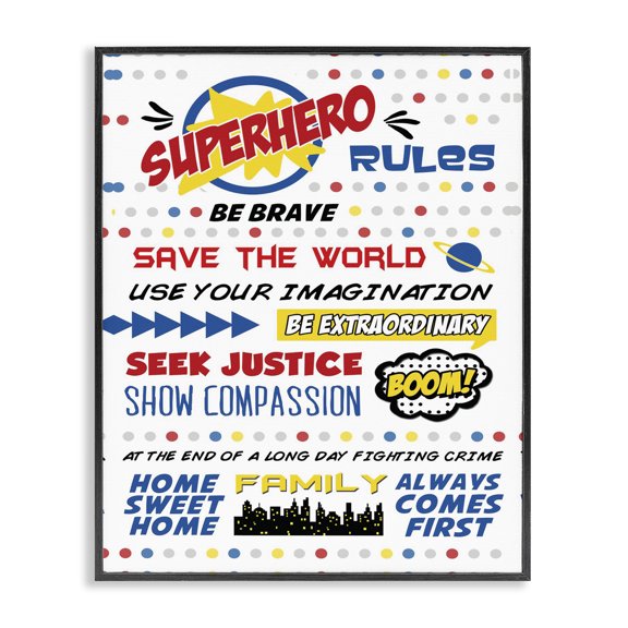 Stupell Industries Contemporary Comic Book Dots Super Hero Rules Typography Black Framed Giclee Art, 11 x 14, by Anna Quach