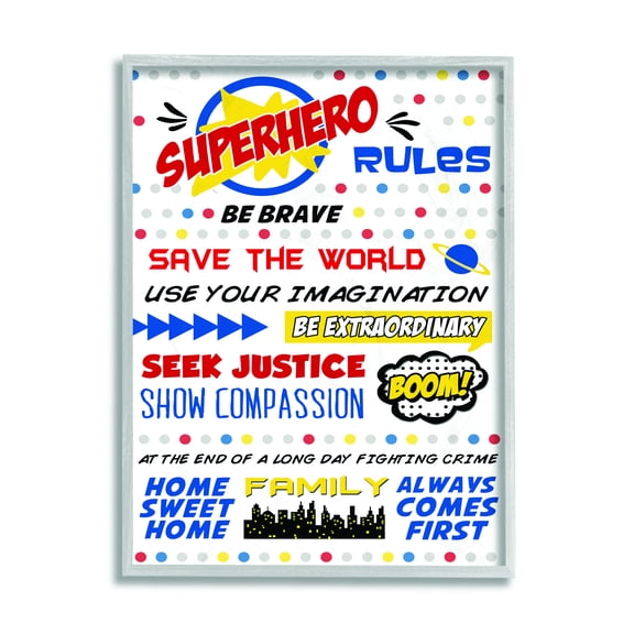 The Kids Room by Stupell Comic Book Dots Super Hero Rules Typography Framed Wall Art by Anna Quach