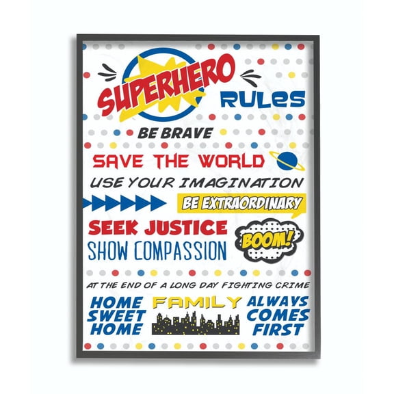 The Kids Room by Stupell Comic Book Dots Super Hero Rules Typography Framed Wall Art by Anna Quach