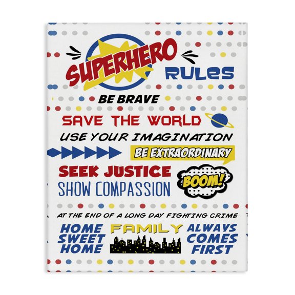 Stupell Industries Contemporary Comic Book Dots Super Hero Rules Typography Canvas Art, 16 x 20, by Anna Quach