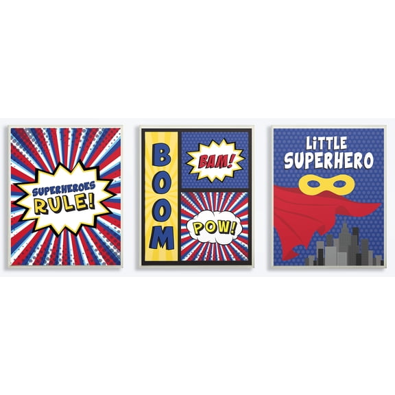 The Kids Room by Stupell Comic Book Red Blue and Yellow Little Superhero Set of 3 3pc Wall Plaque Art Set, 10 x 0.5 x 15