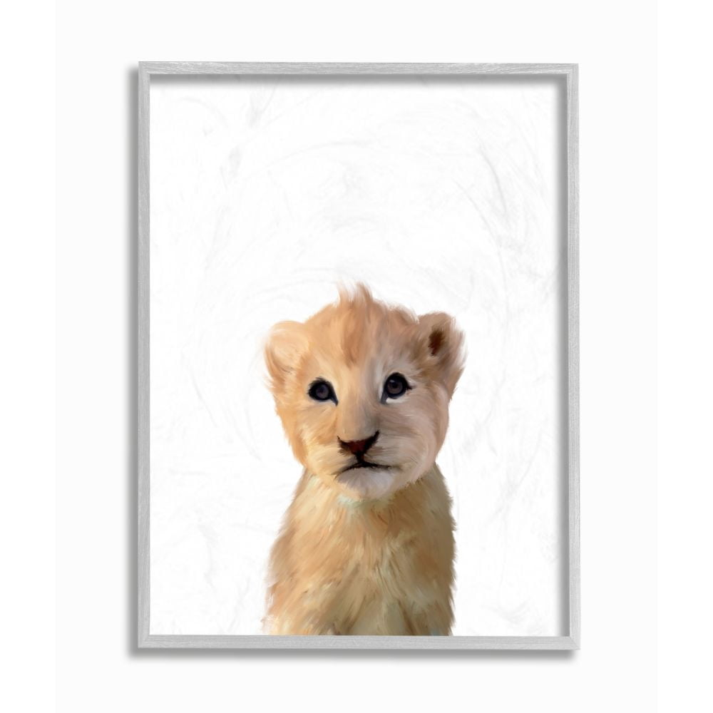 The Kids Room by Stupell Cute Baby Lion Animal Kids Painting Gray Farmhouse Rustic Framed Giclee Texturized Art by Leah Straatsma