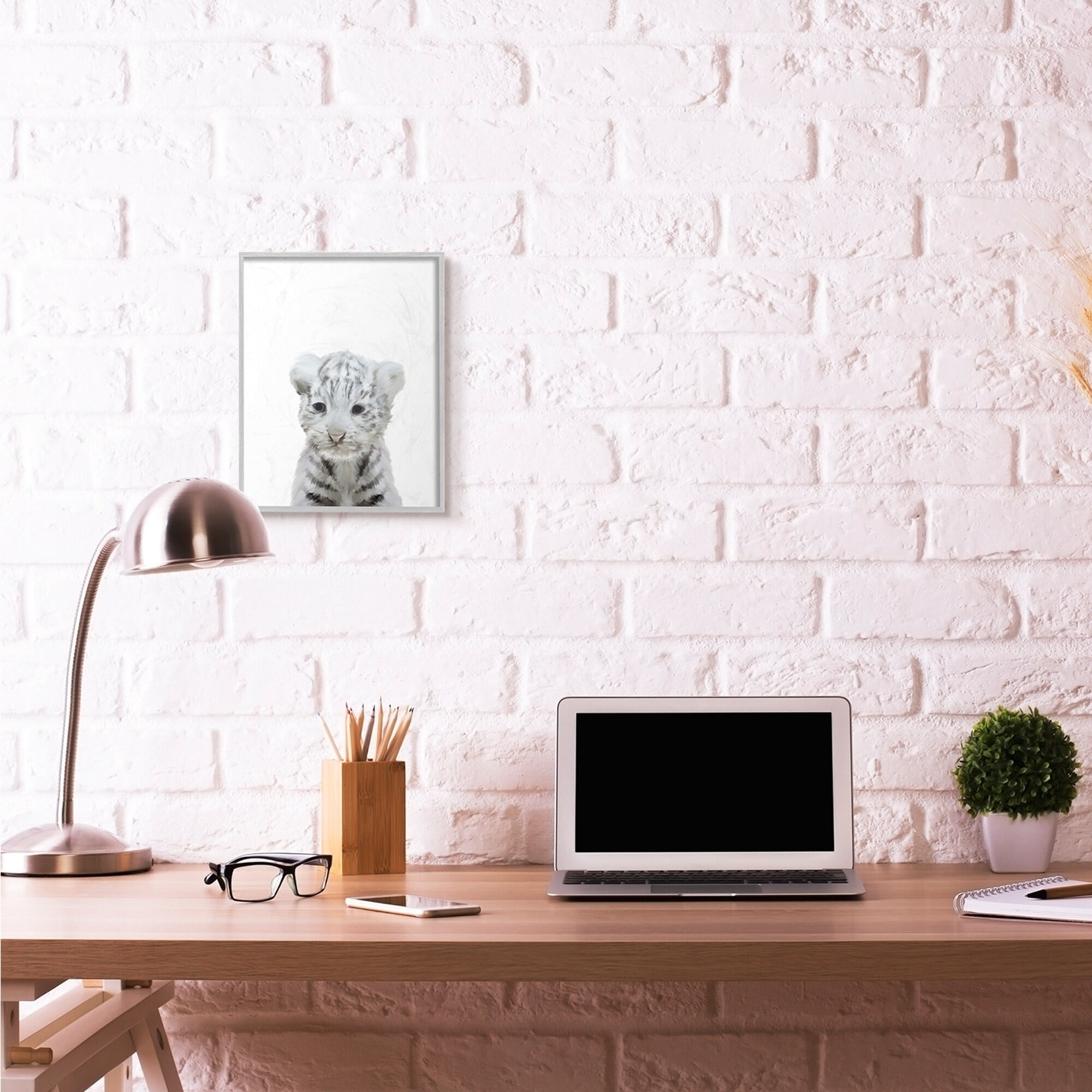 The Kids Room by Stupell Cute Baby White Tiger Animal Kids Painting Gray Farmhouse Rustic Framed Giclee Texturized Art by Leah Straatsma