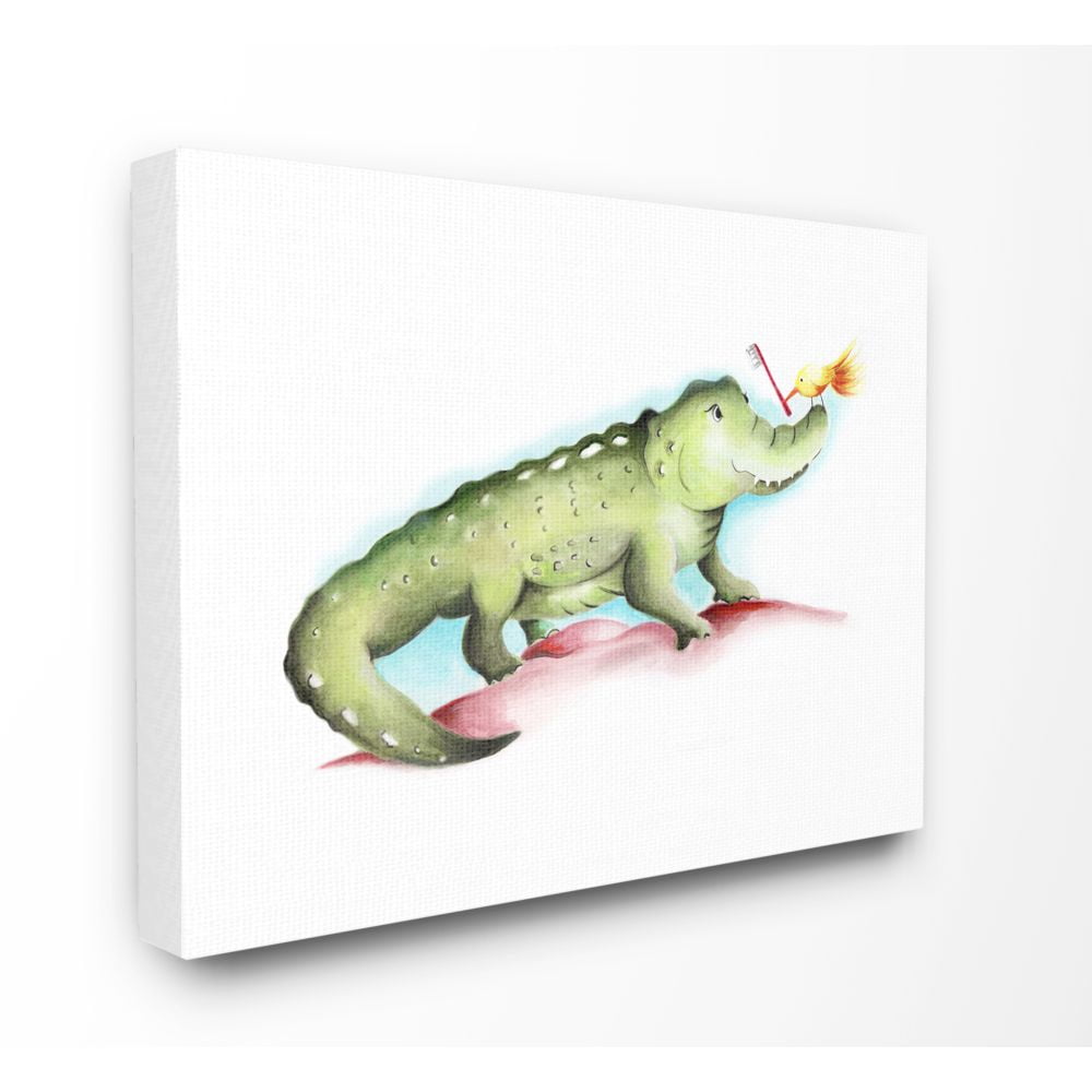 The Kids Room by Stupell Cute Cartoon Baby Crocodile And Bird With Toothbrush Zoo Animal Painting Canvas Wall Art by Studio Q by Studio Q