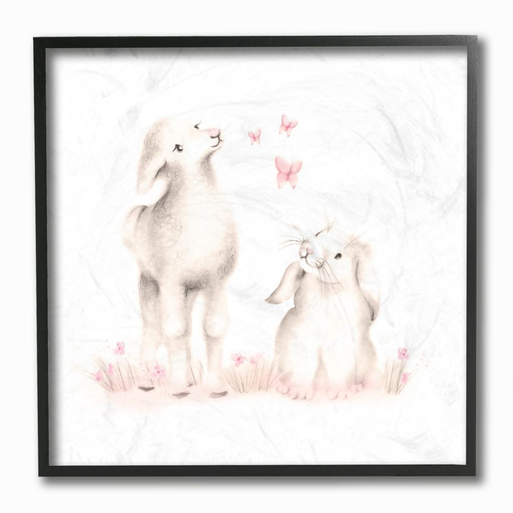 The Kids Room by Stupell Cute Cartoon Lamb Sheep And Bunny Rabbit Farm Animal Painting Framed Giclee Texturized Art by Studio Q by Studio Q