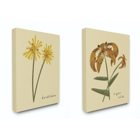 The Kids Room by Stupell Dandelions And Tiger Lilies Flowers Cute Large Cat Animal Kids Nursery Drawings Canvas Wall Art by Daphne Polselli