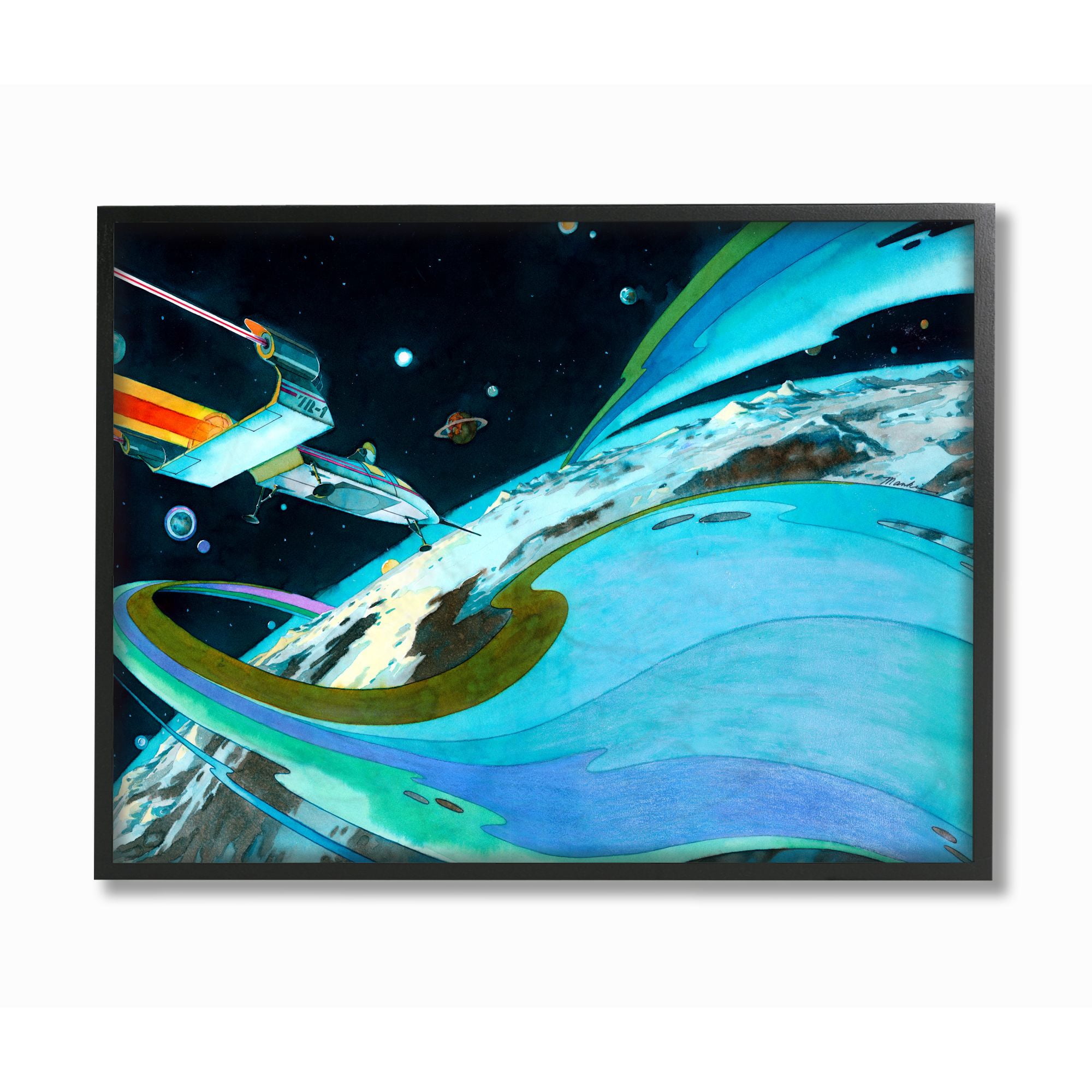 The Kids Room by Stupell Epic Space Landscape Planet Ship Blue Green Kids Watercolor Painting Framed Wall Art by The Saturday Evening Post