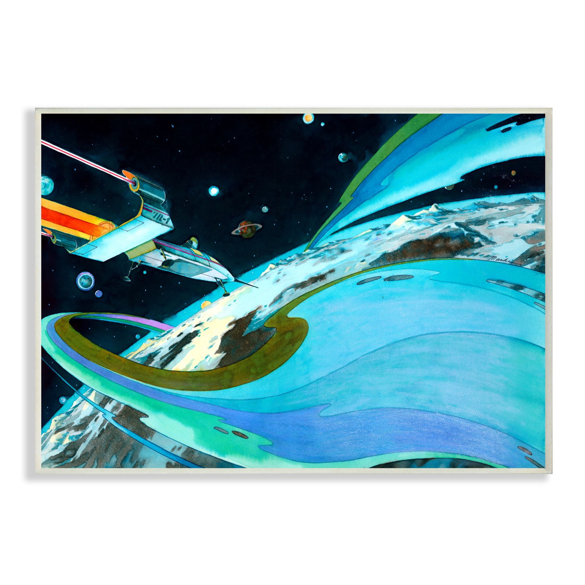The Kids Room by Stupell Epic Space Landscape Planet Ship Blue Green Kids Watercolor Painting Wall Plaque by The Saturday Evening Post