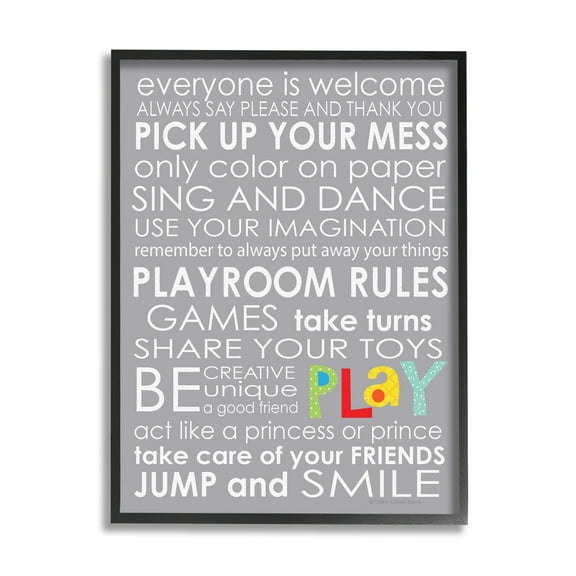 The Kids Room by Stupell Everyone Is Welcome Playroom Rules On Grey Framed Giclee Texturized Art, 11 x 1.5 x 14