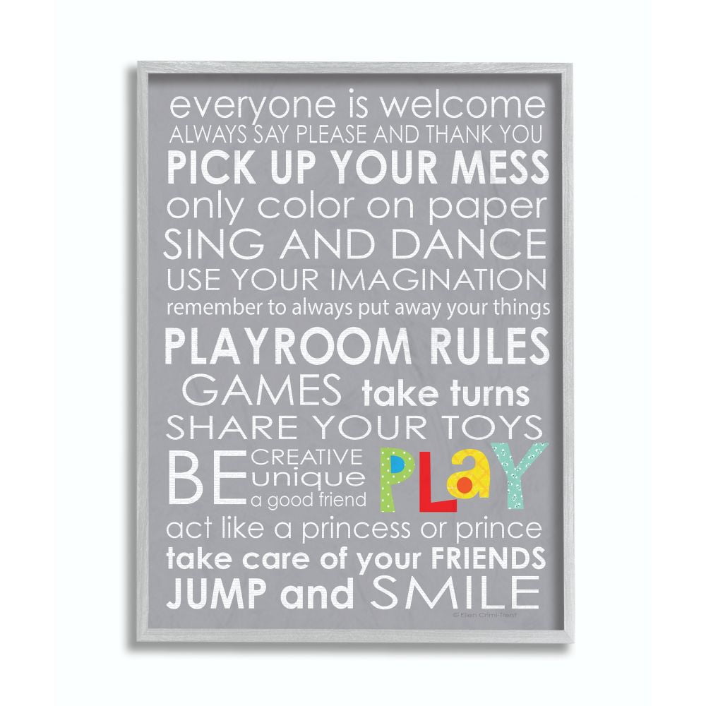 The Kids Room by Stupell Everyone Is Welcome Playroom Rules On Grey Framed Wall Art by Ellen Crimi-Trent