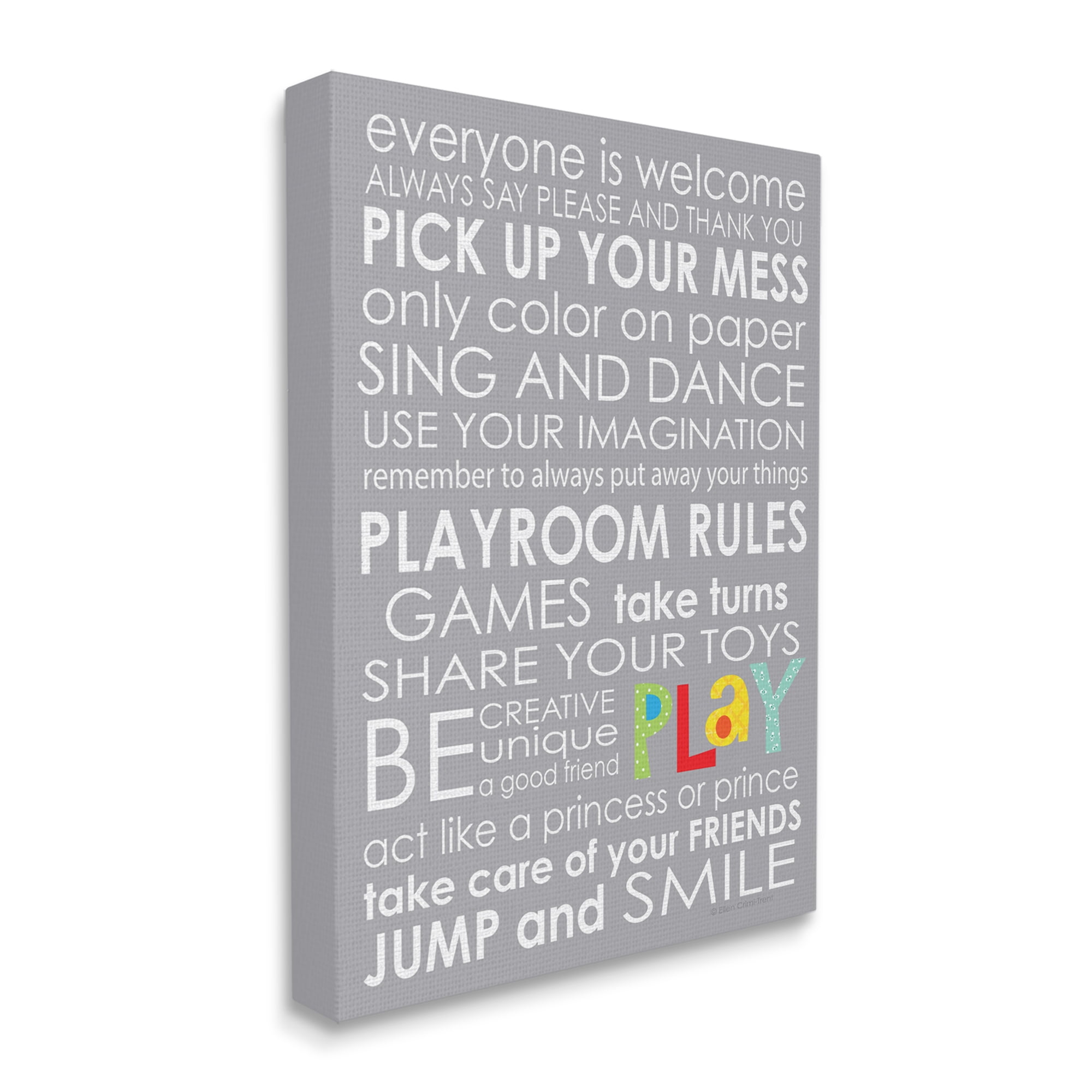 The Kids Room by Stupell Everyone Is Welcome Playroom Rules On Grey Stretched Canvas Wall Art, 16 x 1.5 x 20