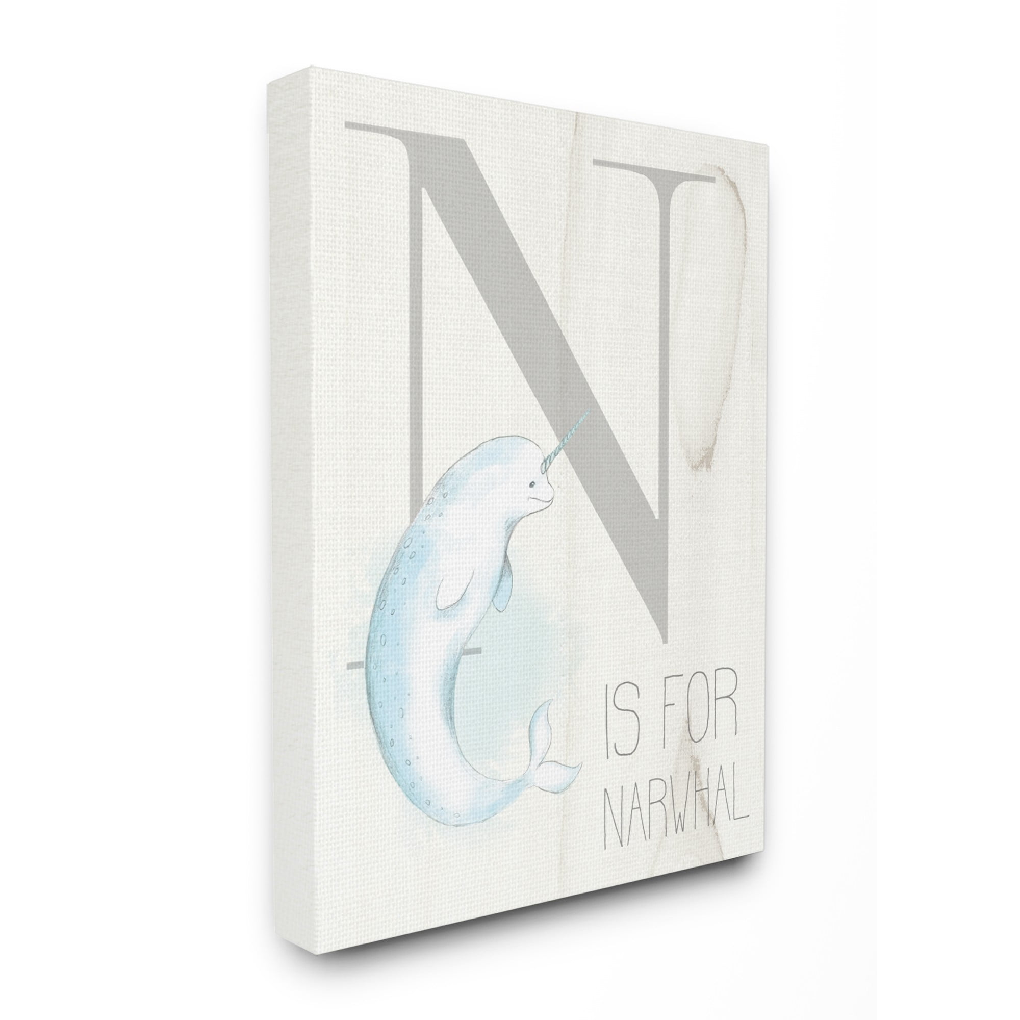 The Kids Room by Stupell Grey Blue and White N is for Narwhal Illustration Oversized Stretched Canvas Wall Art, 24 x 1.5 x 30
