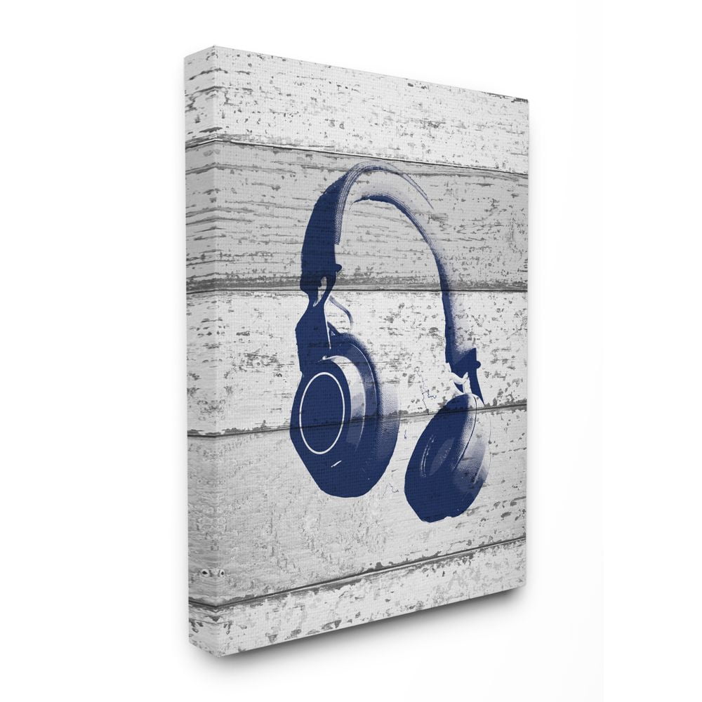 The Kids Room by Stupell Headphones Blue Print on Planks Canvas Wall Art