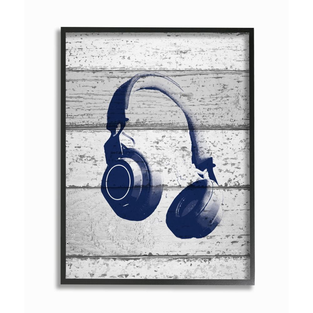 The Kids Room by Stupell Headphones Blue Print on Planks Framed Giclee Texturized Art