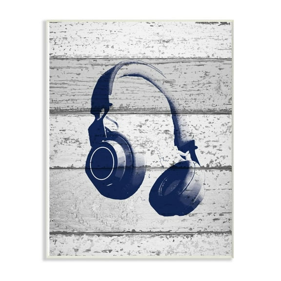 The Kids Room by Stupell Headphones Blue Print on Planks Wood Wall Art
