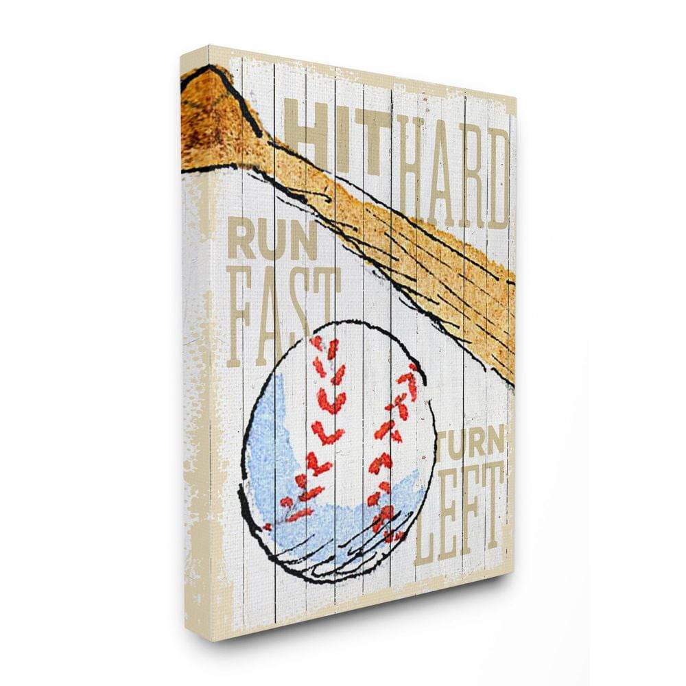 The Kids Room by Stupell Hit Hard Run Fast Turn Left Baseball Sports Word Design Canvas Wall Art by The Saturday Evening Post