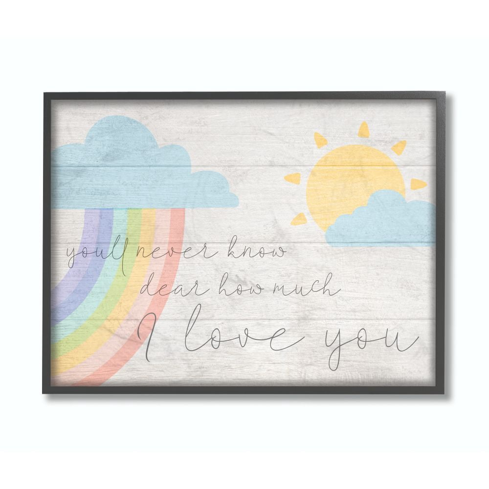 The Kids Room by Stupell How Much I Love You Rainbow Clouds and Sun on Planks Framed Giclee Texturized Art